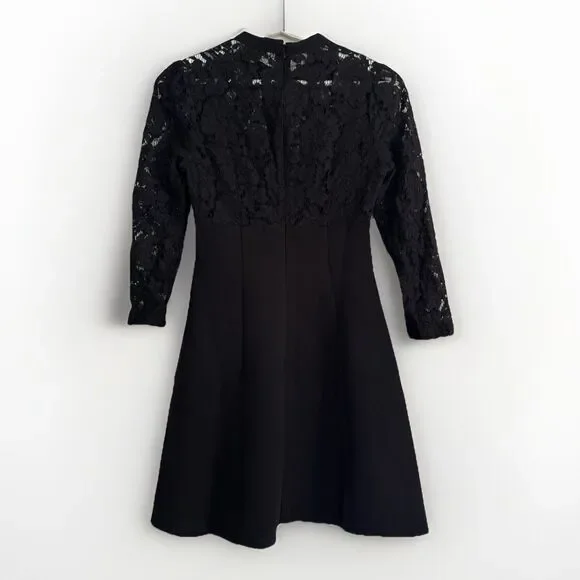 ASOS Mini Dress Black Sz 0 High Neck Skate Lace Insert & Lace Sleeves Stretch - Picture 1 of 16